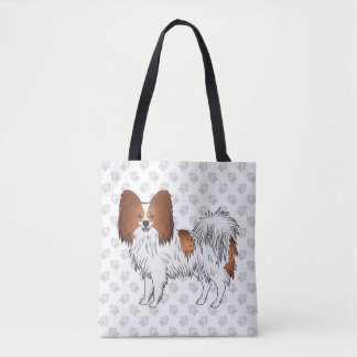 Red And White Papillon Cartoon Dog With Paws Tote Bag