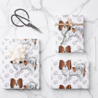 Red And White Papillon Cartoon Dogs With Paws Wrapping Paper Sheets