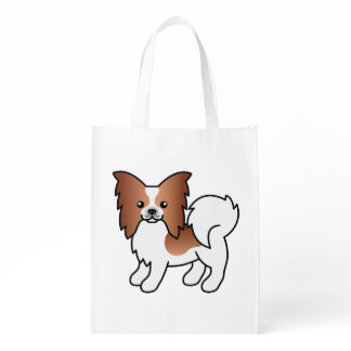 Red And White Papillon Cute Cartoon Dog Grocery Bag