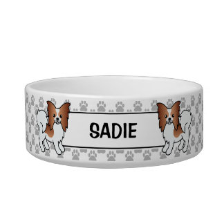 Red And White Papillon Cute Cartoon Dog &amp; Name Bowl