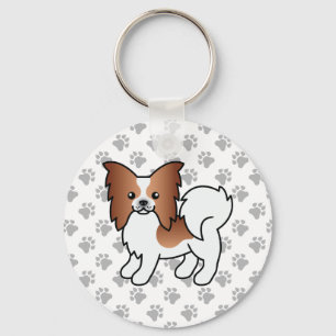 Red And White Papillon Cute Cartoon Dog & Paws Keychain