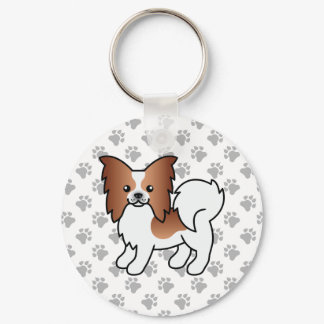 Red And White Papillon Cute Cartoon Dog &amp; Paws Keychain