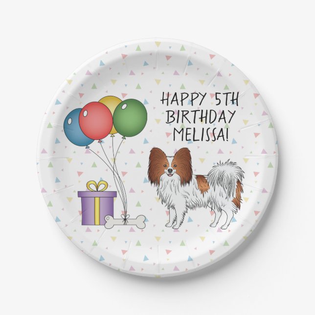 Red And White Papillon Cute Dog - Birthday Paper Plates (Front)