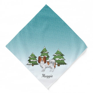Red And White Papillon Cute Dog In Winter Forest Bandana
