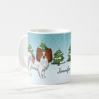 Red And White Papillon Cute Dog In Winter Forest Coffee Mug