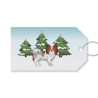Red And White Papillon Cute Dog In Winter Forest Gift Tags