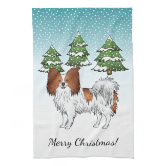 Red And White Papillon Cute Dog In Winter Forest Kitchen Towel