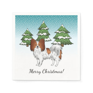 Red And White Papillon Cute Dog In Winter Forest Napkins
