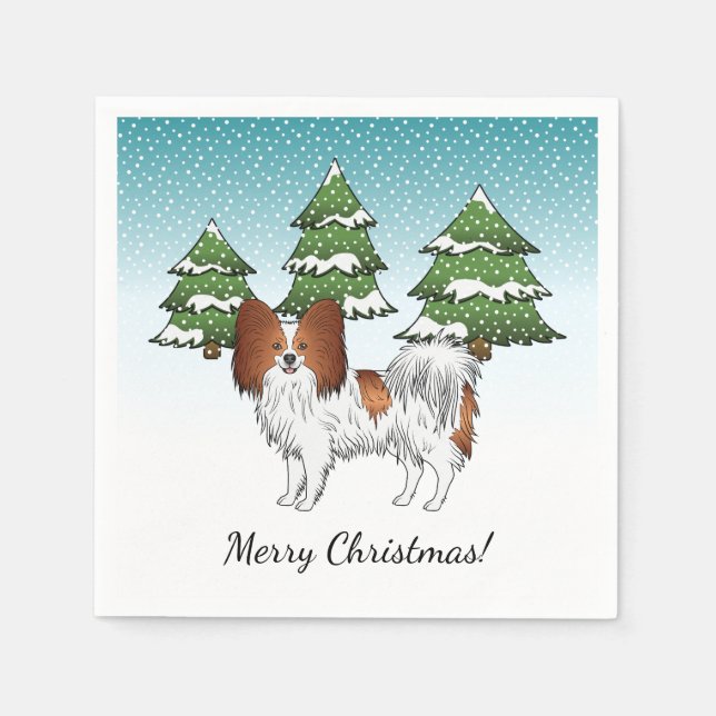 Red And White Papillon Cute Dog In Winter Forest Napkins (Front)