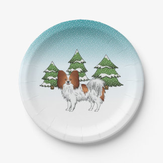 Red And White Papillon Cute Dog In Winter Forest Paper Plates