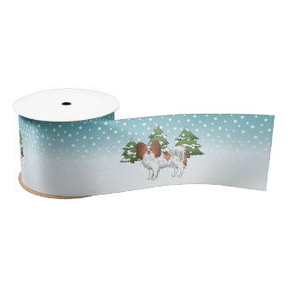Red And White Papillon Cute Dog In Winter Forest Satin Ribbon