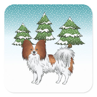 Red And White Papillon Cute Dog In Winter Forest Square Sticker