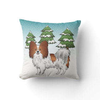 Red And White Papillon Cute Dog In Winter Forest Throw Pillow