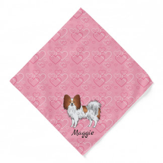 Red And White Papillon Cute Dog On Pink Hearts Bandana