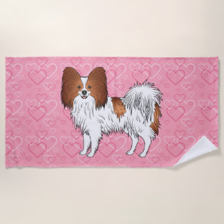 Red And White Papillon Cute Dog On Pink Hearts Beach Towel