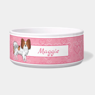 Red And White Papillon Cute Dog On Pink Hearts Bowl
