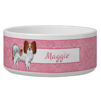 Red And White Papillon Cute Dog On Pink Hearts Bowl