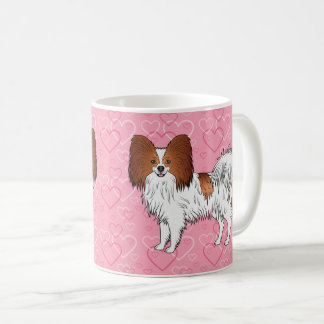 Red And White Papillon Cute Dog On Pink Hearts Coffee Mug