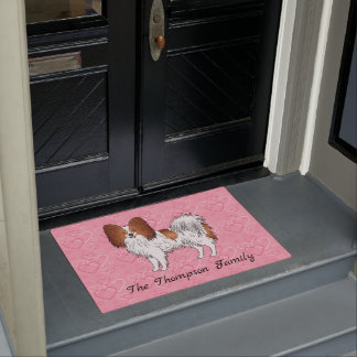 Red And White Papillon Cute Dog On Pink Hearts Doormat