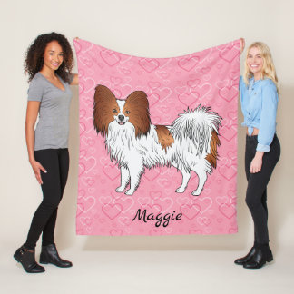 Red And White Papillon Cute Dog On Pink Hearts Fleece Blanket
