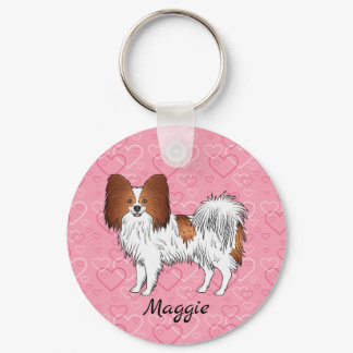 Red And White Papillon Cute Dog On Pink Hearts Keychain
