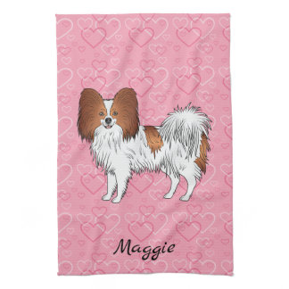Red And White Papillon Cute Dog On Pink Hearts Kitchen Towel