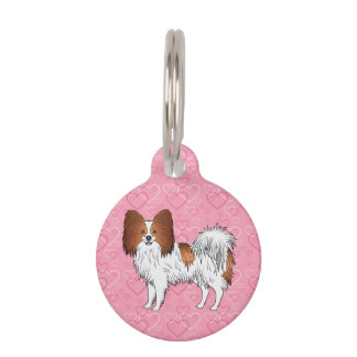Red And White Papillon Cute Dog On Pink Hearts Pet ID Tag