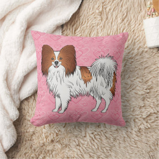 Red And White Papillon Cute Dog On Pink Hearts Throw Pillow
