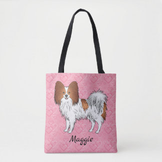 Red And White Papillon Cute Dog On Pink Hearts Tote Bag