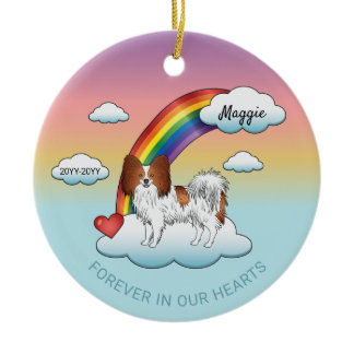 Red And White Papillon Cute Dog Rainbow Memorial Ceramic Ornament