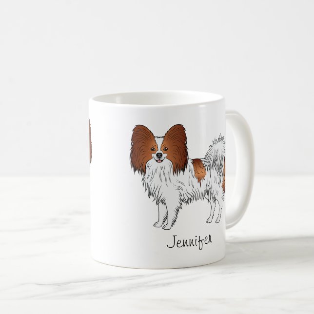 Red And White Papillon Cute Dog With Custom Name Coffee Mug (Front Right)