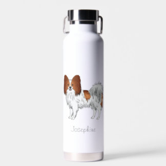 Red And White Papillon Cute Dog With Custom Name Water Bottle