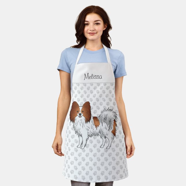 Red And White Papillon Cute Dog With Custom Text Apron (Worn)