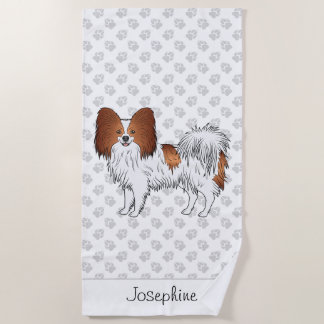 Red And White Papillon Cute Dog With Custom Text Beach Towel