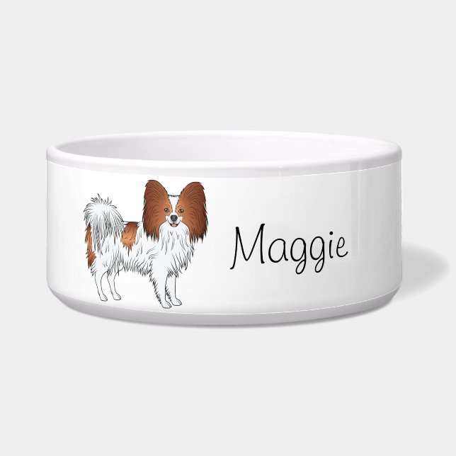 Red And White Papillon Cute Dog With Custom Text Bowl (Front)