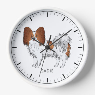Red And White Papillon Cute Dog With Custom Text Clock