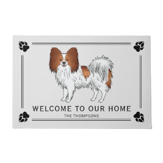 Red And White Papillon Cute Dog With Custom Text Doormat