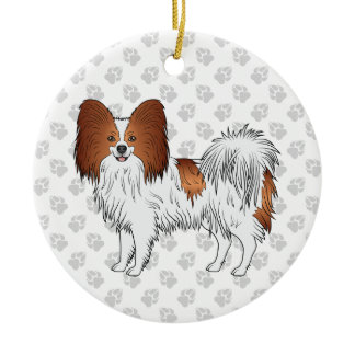 Red And White Papillon Cute Dog With Paws Ceramic Ornament