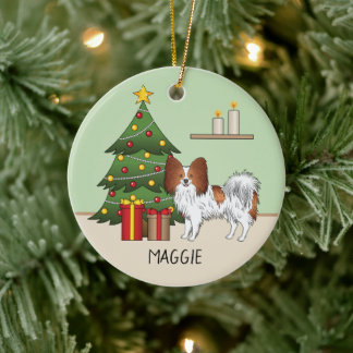 Red And White Papillon Dog By A Christmas Tree Ceramic Ornament
