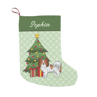 Red And White Papillon Dog By A Christmas Tree Small Christmas Stocking