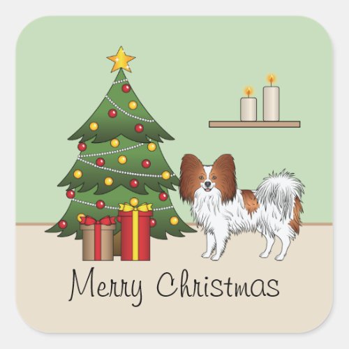 Red And White Papillon Dog By A Christmas Tree Square Sticker