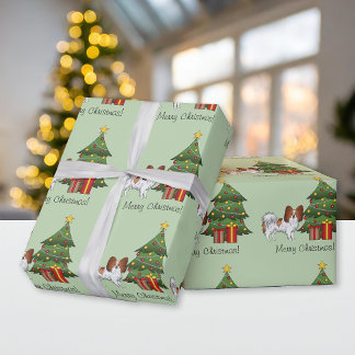 Red And White Papillon Dog By A Christmas Tree Wrapping Paper