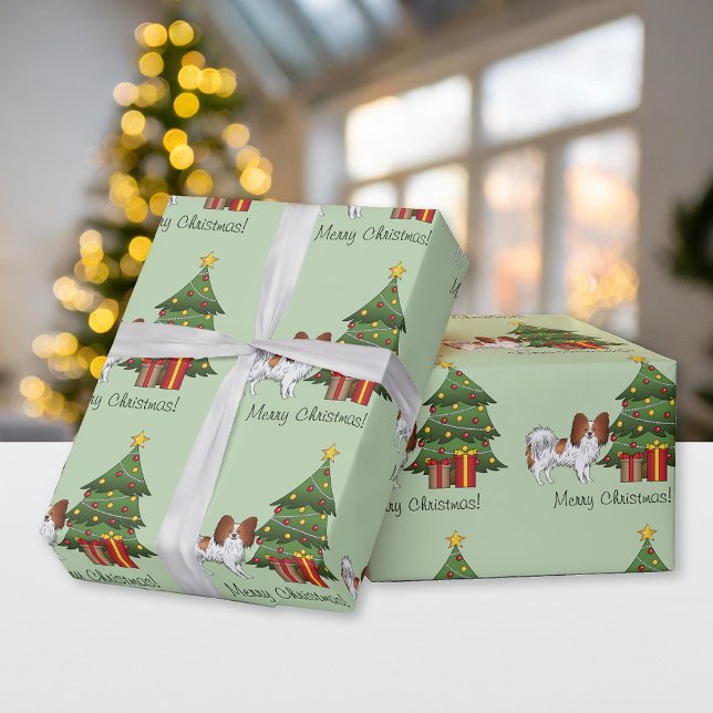 Red And White Papillon Dog By A Christmas Tree Wrapping Paper (Creator Uploaded)