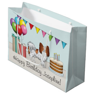 Red And White Papillon Dog Colorful Birthday Large Gift Bag