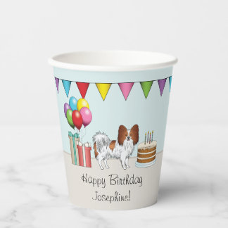 Red And White Papillon Dog Colorful Birthday Paper Cups