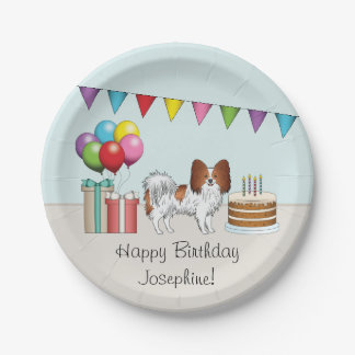 Red And White Papillon Dog Colorful Birthday Paper Plates