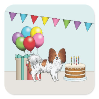 Red And White Papillon Dog Colorful Birthday Square Sticker