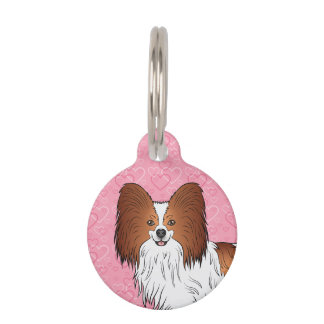 Red And White Papillon Dog Head On Pink Hearts Pet ID Tag