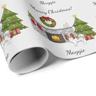 Red And White Papillon Dog In A Christmas Room Wrapping Paper