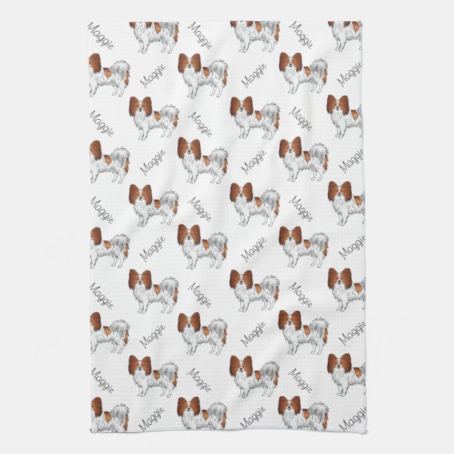 Red And White Papillon Dog Pattern With Name Kitchen Towel (Vertical)
